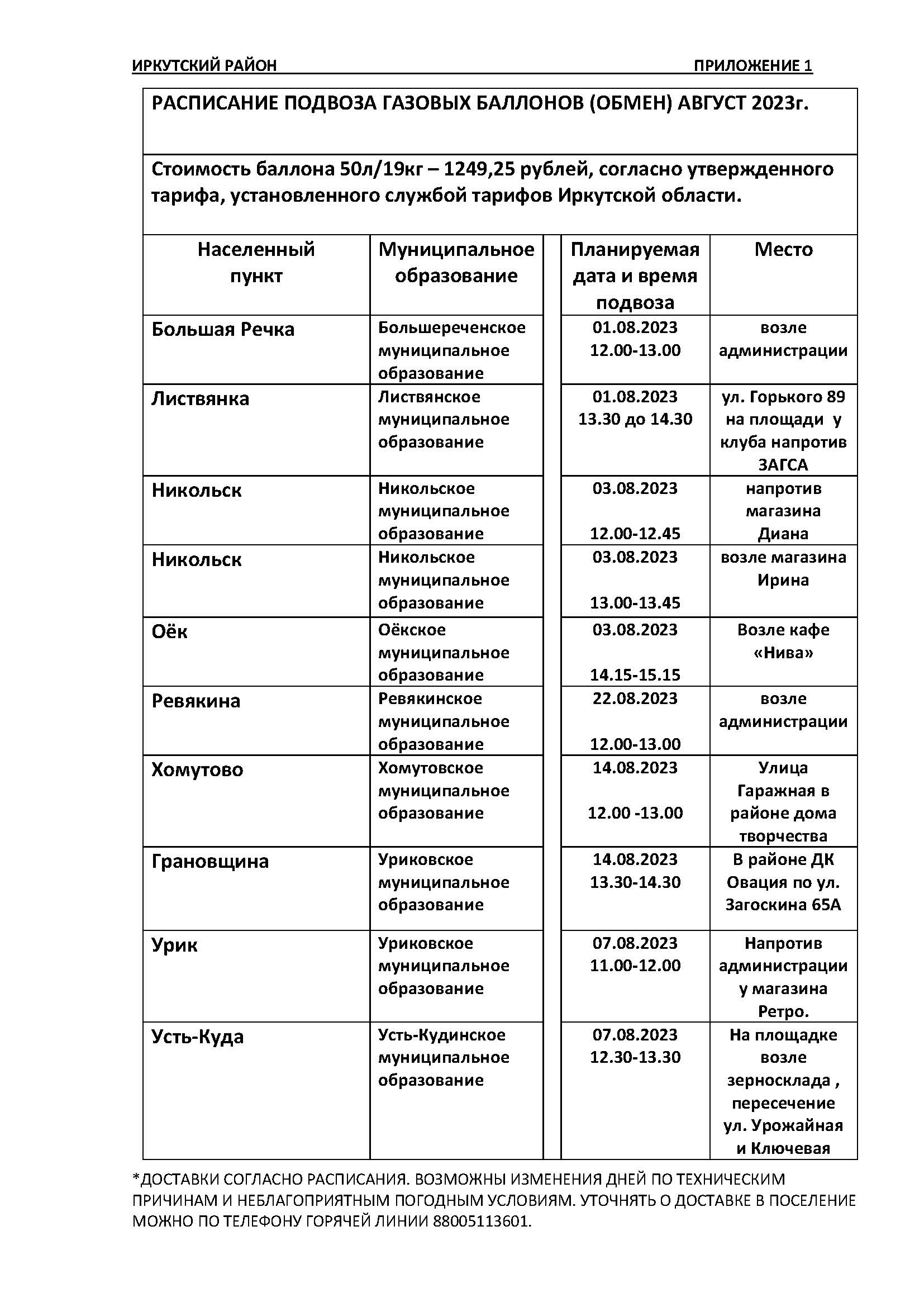 РАСПИСАНИЕ ПОДВОЗА ГАЗОВЫХ БАЛЛОНОВ (ОБМЕН) АВГУСТ 2023г.